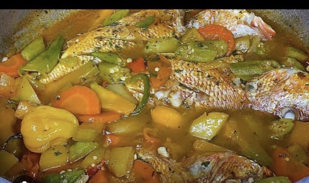 Jamaican Steamed Fish with Okra  served  with a choice of Rice dishes – serves two